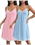 Ekouaer 2er Nachthemd Damen Ärmellos Nachtkleid Sexy Träger Nachtwäsche Spitze V Ausschnitt Unterkleid Negligee Schlafshirt Blau+Rosa 2XL