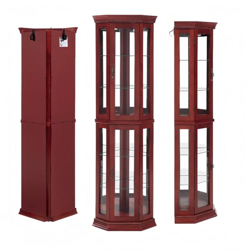 XDOUT Lighted Corner Curio Cabinet, Display Storage w/Adjustable Tempered Glass 6, Mirrored Back, Two Section Shelving Unit for Bar and Liquor(Bulb not included), 15 x 15 x 69 inch, Cherry