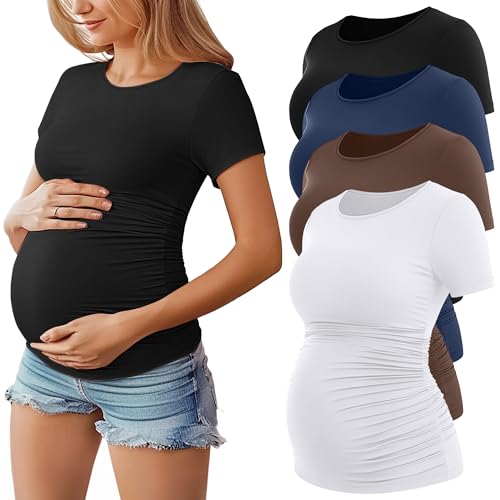 Huukeay 4 Pack Women's Maternity Shirts, Crew Neck Maternity Top Short Sleeve Casual Cotton Tee Side Ruched Pregnancy Clothes