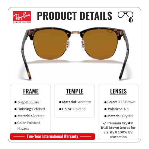 Image of Ray-Ban RB3016 CLUBMASTER CLASSIC Square Shaped Sunglasses for Men & Women with Official RAYBAN Eyewear Kit