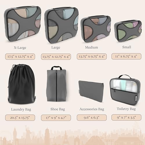 Shacke Premium 8 Packing Cubes Set - Lightweight Mesh Travel Luggage Organizers with Laundry Bag, 8-Piece Suitcase Storage System (Dark Grey) - Thumbnail 4
