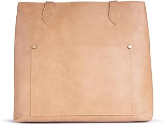 شنطة يد كبيرة توت من الجلد بتصميم كلاسيكي، شنطة تسوق بسعة كبيرة مع جيب امامي ومقبض مزدوج، لون بيج داكن