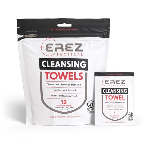 Erez Tactical Lead Wipes for Shooting - 12 XL Hypoallergenic Towels, Plant-Based Cloth, Lead Remover for Range & Field, Removes Lead & Metal Dust, Safe for All Skin, 8