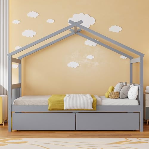Image of Twin Size Wooden House Bed with Roof Frame and 2 Storage Drawers, Montessori Platform Bed with Headboard and Slat Support for Kids Teens Girls Boys, No Box Spring Needed (Gray-04, Twin)