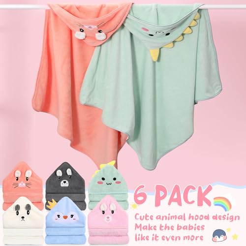 Image of SmoothNovelty 6 Pack Baby Hooded Towels Infants and Toddlers Coral Fleece Baby Bath Towels 31.5 x 31.5 Inch Absorbent Cute Soft Newborn Bath Essentials Gifts for Boys & Girls(Multicolor,Stylish)