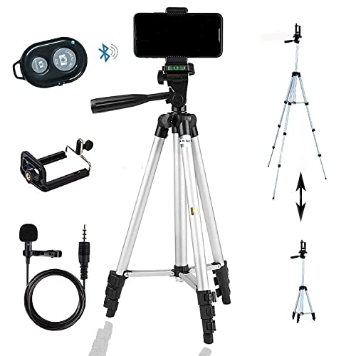 Photography Mobile Holder Tripod 3110 Camera Mobile Stand for Vlogging, Video Shooting, YouTube etc Compatible with All Mobile Phones (Tripod + Shutter Button + Collar Mic(1.5 Meter))