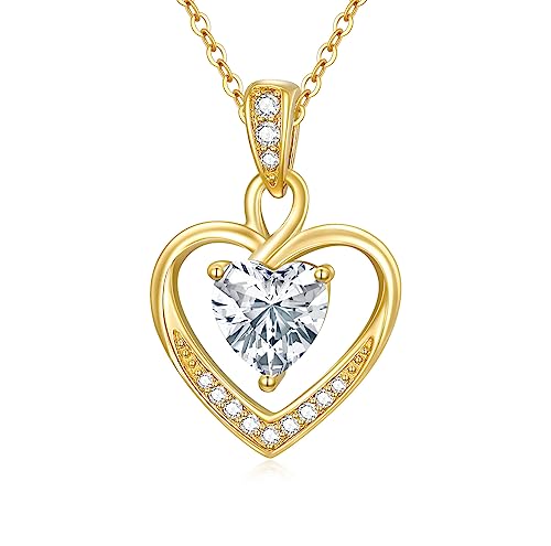 Classic 14K Gold Heart Necklace for Women, Dainty Gold Love Heart Pendant with Sparkling Created Diamond Forever Love Jewelry Gift for Mom, Wife, Girlfriend 16