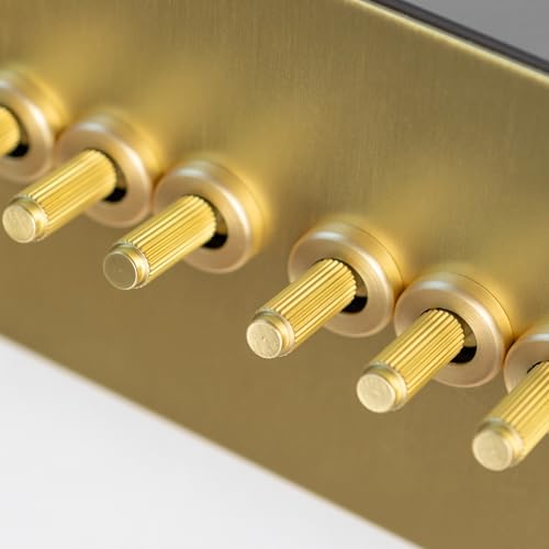 Satin Brass Straight Knurled Switches and Sockets | Screwless Front Plate (6 Gang Switch 146X88)