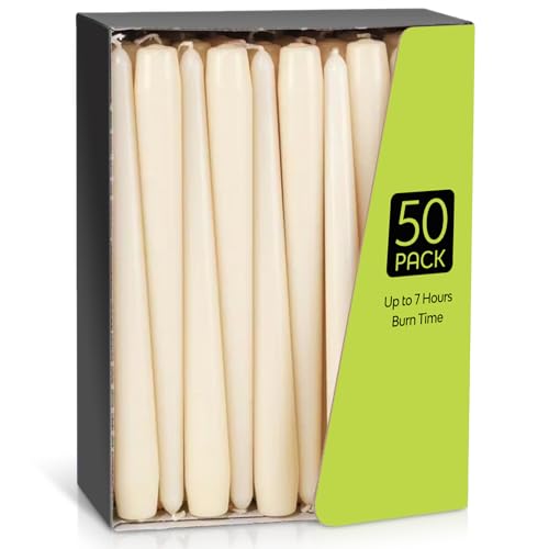 Taper Dinner Candles, Non-Drip Table Candle Sticks, 7 Hour Burn Time Long Candles, Paraffin Wax with Cotton Wicks, Unscented Candlesticks Gift Set, for Restaurant Home Chrismas (Ivory, 50 Pack)