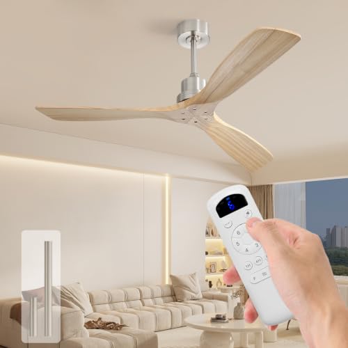 Image of Sofucor Solid Wood Ceiling Fan no Lights, 52 Inch Quiet 6-Speed 3 Blades Reversible LED Ceiling Fan, Farmhouse Rustic Fan with Dimmable Light for Living Room Bedroom Home Office Cafe Patio Porch