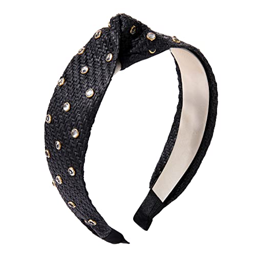BVGA Rhinestone Rattan Headband Straw Headbands Fashion Rattan Wide Head Band Boho Headbands Summer Bohemian Woven Headwear Hair Head Knot Headband for Woman Girl Hair Accessories(black)