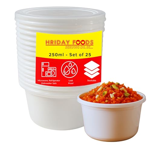 Image of Hriday Foods 250ml White Round Disposable Food Containers with Airtight Lids, Set of 25, Microwave Safe, Leak Proof, BPA Free, Ideal for Meal Prep, Takeaway & Food Delivery