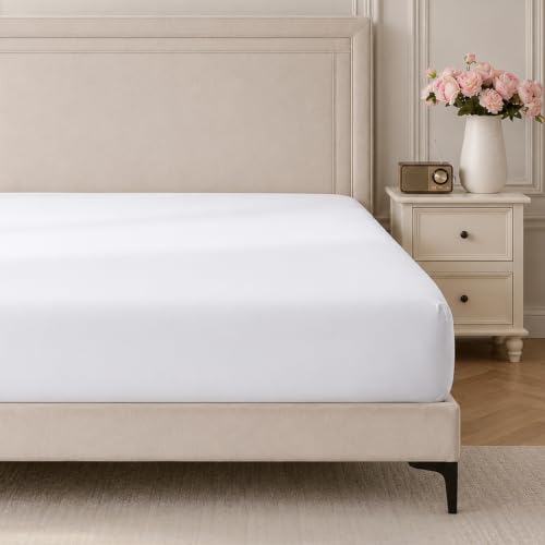 ROSE&RISY White King Fitted Sheet Soft and Breathable for Sleeping Cooling Fitted Sheets 16 Deep Pocket 1 Pack (White King Size)