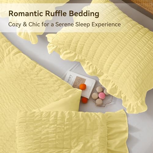 Image of JOLLYVOGUE Light Yellow Twin /Twin XL Comforter Set, 2 Pieces Seersucker Lightweight Fluffy Bedding Set, Twin Ruffle Comforter, All Season Soft Microfiber Shabby Chic Bed Set