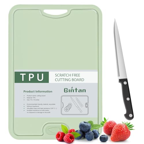 Gintan Flexible TPU Cutting Board with Knife and Juice Groove, BPA Free Flexible Chopping Boards for Kitchen Dishwasher Safe Easy Grip Handle（Green）