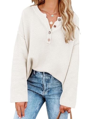 Image of Women Oversized Sweaters V Neck Long Sleeve Tops Quarter Button Up Pullover Business Casual Clothing,White S
