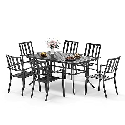 Sophia & William Patio Table and Chairs Set, Outdoor Dining Set for 6, 7 Piece Metal Patio Furniture, 60" Black Rectangular Table(Stripe)