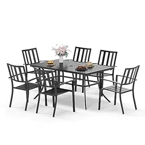 Sophia & William Patio Table and Chairs Set, Outdoor Dining Set for 6, 7 Piece Metal Patio Furniture, 60″ Black Rectangular Table(Stripe)
