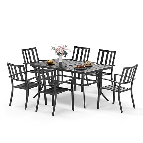 Sophia & William Patio Table and Chairs Set, Outdoor Dining Set for 6, 7 Piece Metal Patio Furniture, 60″ Black Rectangular Table(Stripe)