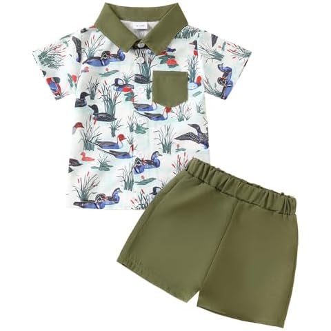 Mokoggiri Toddler Baby Boys Duck Shorts Sets 2Pcs Summer Outfits Mallard Duck Print Button Short Sleeve Shirt and Shorts Suit (Army Green, 3-4 Years) Cover