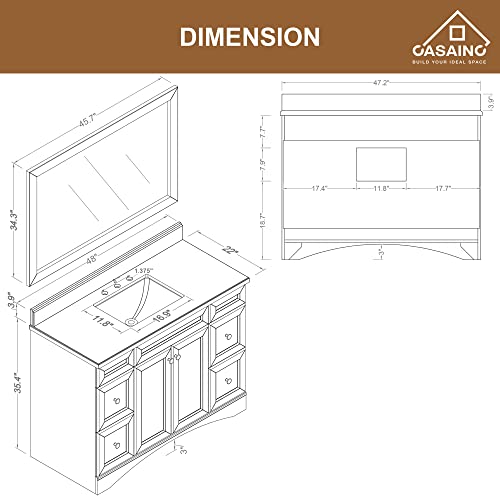 Casainc 48In Bathroom Cabinet, Traditional Brown Wood (100% Fir) Bathroom Storage Cabinet, Freestanding Cabinet With 2 Doors 6 Drawers With Carrara Marble Sink Vanity Top And Mirror #TOP2