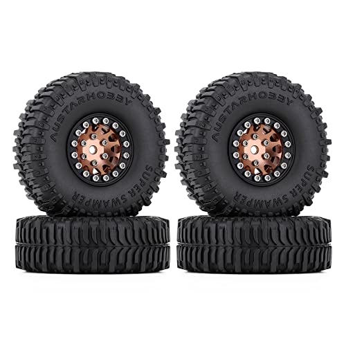 Injora Rc Tires 1.0 Wheel Rims & Mud Tires Set For 1/24 Rc Crawler Car Ax24 Axial Scx24 Axi90081 Axi00001 Upgrade Parts(Black＆Copper) #TOP21