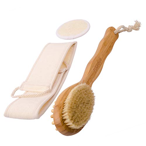 FIXBODY Loofah Back Scrubber with Face Sponge Pad & Bath Shower Body Brush, Natural Boar Bristles & Bamboo Handle, Use Wet or Dry Skin, Exfoliating and Cellulite for Radiant and Smoother Skin (A2)