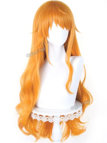 Image of Half and Half Long Curly Orange Anime Pirate Cosplay Wig for Women 31.5'' Vibrant Orange Ginger Wave Wig for Halloween Party Costumes Daily