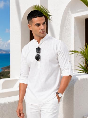 Image of Majestic Man Men's Pure Cotton Solid Mandarin Collar Slim Fit Roll-Up Sleeves Short Kurta Lightweight Summer Kurta for Daily & Occasion Use