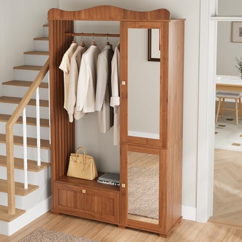 Coolywood Armario con espejo y perchero abierto, armario de entrada compacto con cajón y dos puertas, adecuado para dormitorio y pasillo (nogal)