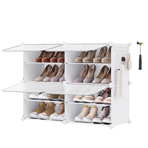SONGMICS Interlocking Shoe Rack, Plastic Shoe Storage Cabinet, 4-Slot Modular Storage Organizer Unit, 11.8 x 15.7 x 11.8 Inches for Each Slot, with Doors, Steel Frame, Plastic Panel, White ULPC032W01