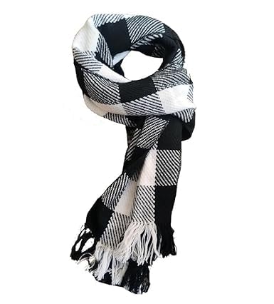 Classic Winter Muffler, Black and White Plaid Pattern, Acrylic Wool Blend Scarf with Fringes, 180 x 30 cm-picture-22