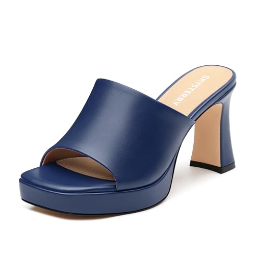 SKYSTERRY Navy High Heel Mules for Women Square Open Toe Platform High Chunky Block Heeled Sandals Fashion Wedding Party Dating Slip On Sandals Shoes Size 7