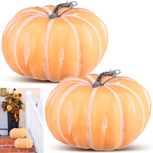Colingmill 2 Pcs Thanksgiving Fall Large Fog Yellow Foam Pumpkins 9.84 Inch Jumbo Foam Pumpkin Decorations Artificial Vegetable Fake Artificial Decor for Autumn Harvest Home Party Kitchen Table