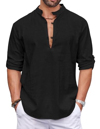 COOFANDY Camisa De Manga Larga para Hombre De Manga Larga De Algodón para Hombre Camisa Henley De Ocio Negro XL
