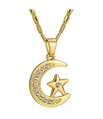 Religion Musulmane Trés joli Pendentif Islamique Croissant de Lune et Etoile avec Cristaux et sa Chaîne. (Ton Or)