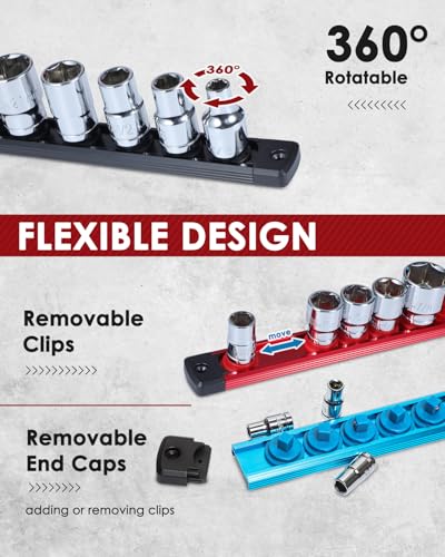 Image of PINOZE 8PCS Magnetic Socket Holder Organizer Set - 1 /4, 3 /8, 1 /2 - Aluminum Alloy Socket Rail Trays for Tool Box Drawer, Socket Rack Kit with 114Pcs Clips for Automotive Garage(Blue Red Black)