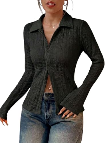 OOMPH! Women’s Textured Button-Down Shirt | Slim Fit Crinkled Fabric Top with Full Sleeves & Spread Collar | Casual Stylish Blouse