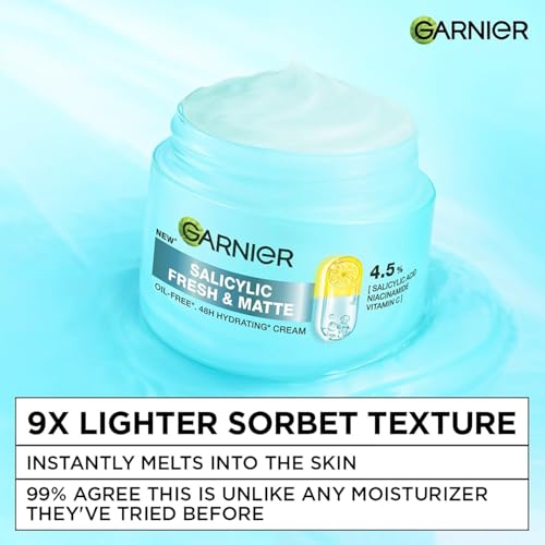 Image of Garnier Fresh & Matte Sorbet Moisturizer Cream, 4.5% of Triple Active Complex, Salicylic Acid + Niacinamide + Vitamin C, 9x Lighter Sorbet Cream, For Hydration & Oil Control, Suitable for Oily to Normal & Combination Skin, 20ml
