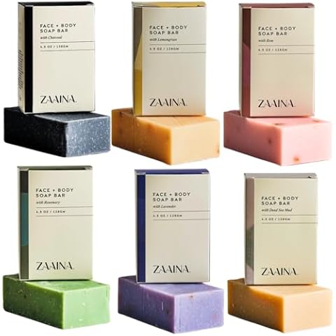ZAAINA All Natural Soap - Moisturizing Soap Bars for Men, Women & Teens, Handmade Bath & Body Soap with no Harsh Chemicals, Made from Pure Oils, Butter and Essential Oils - Pack of 6 Soaps Cover