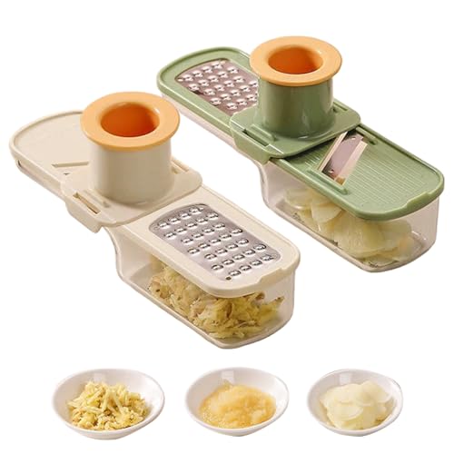 Rebanador de ajo súper fino, 2 rebanadores de ajo, molinillo multifuncional 3 en 1 con protector de mano y recipiente, fácil de usar y limpiar para cocina, cebolla, fino