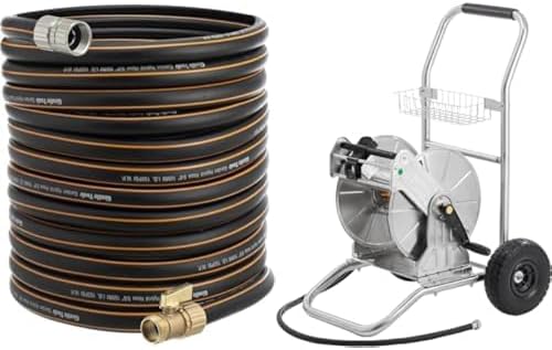 Giraffe Tools Garden Stainless Steel Heavy Duty Water Hose Reel Cart,200 ft of 1/2 Capacity and Hybrid Garden Hose 5/8" x 75ft,Male and Female Fittings with Shut off Valve