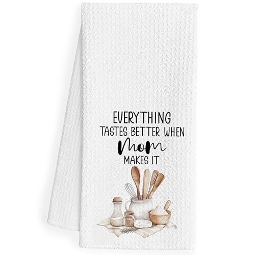 QEJ Mom Baking Kitchen Dish Towels, Mother's Day Birthday Gifts for Mother, Everything Tastes Better When Mom Make It Decorative Hand Tea Towels for Kitchen, 16x24 Inch