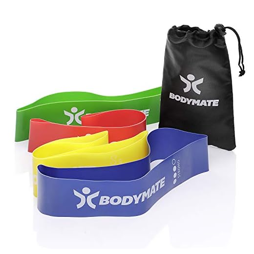 BODYMATE Fitnessband Set med 4 band och bärpåse – 60 cm långa x 5 cm breda – gymnastikband, fitnessband, gummiband av naturlig latex – motståndsband för funktionell träning