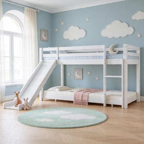 Su & Chan Legence Bunk Bed with Adjustable Slide and Ladder Wooden Cabin Bed with Adjustable Lower Bed Kids Bed Frame with Slats and Guardrail No Mattress 190x90 + 200x90cm White