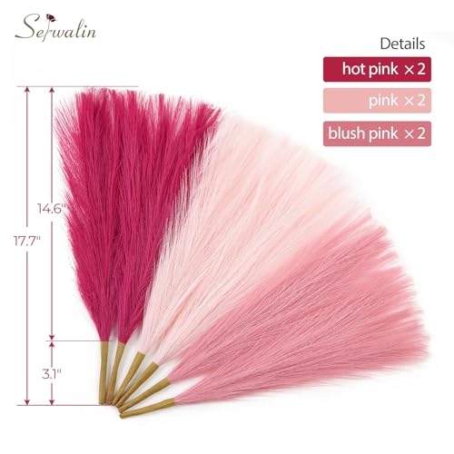 Image of Serwalin Hot Pink & Blush & Pink Pampas Grass Decor, 17.7 Inch 6pcs Faux Pampas Grass, Artificial Pampas Grass for Wedding Table Centerpieces Decoration