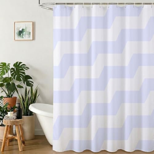 HCWBDWOU Rideau de Douche 80x180 cm - Tissu Polyester Imperméable Anti-Moisissure - 12 Anneaux Inclus - Ourlet Lesté pour Stabilité - Lavable - Idéal de Baignoire et Douche - Bleu & Ondulation Y1#636