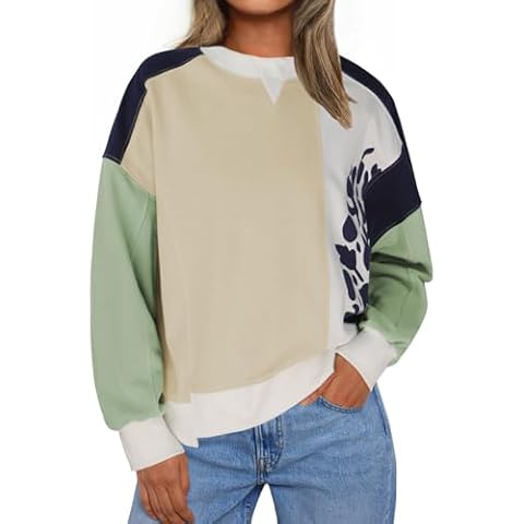 ECOWISH Womens Sweatshirt Color Block Crewneck Long Sleeve Oversized Patchwork Pullover Tops Fall Trendy Casual Clothes Apricot Green S Cover