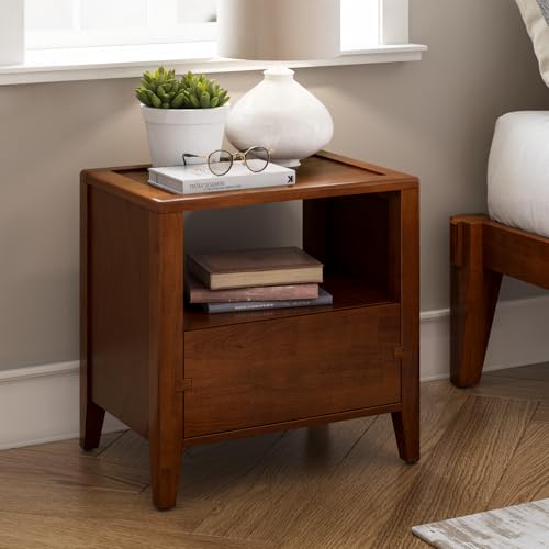 Bme Solid Wood Chalipa Nightstand with 1 Drawer, Mid-Century Style Side Table for Bedroom and Living Room, Requires Assembly, Walnut