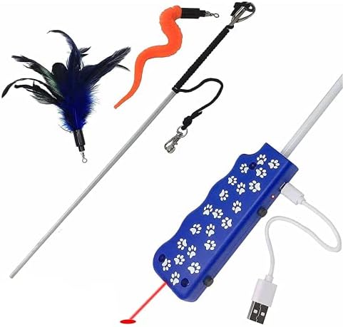 Pet Fit For Life Rechargeable Pet-Safe LED Chaser for Cats and Cat Wand Toy - Combination Cat Teaser Toy with Feather Toy and Interactive Squiggly Worm - Mimics Bird Chirping Sounds